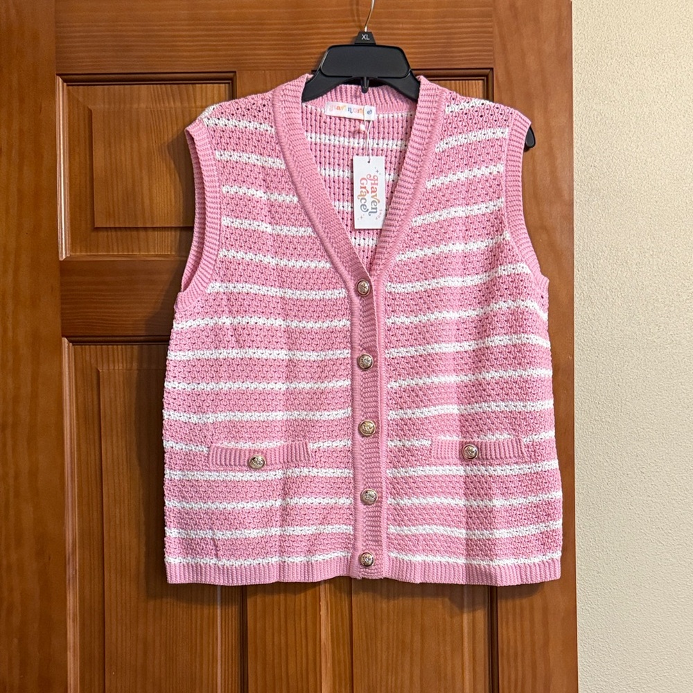 Pink and White Striped Women's Sweater Vest.  Brand new size XL.